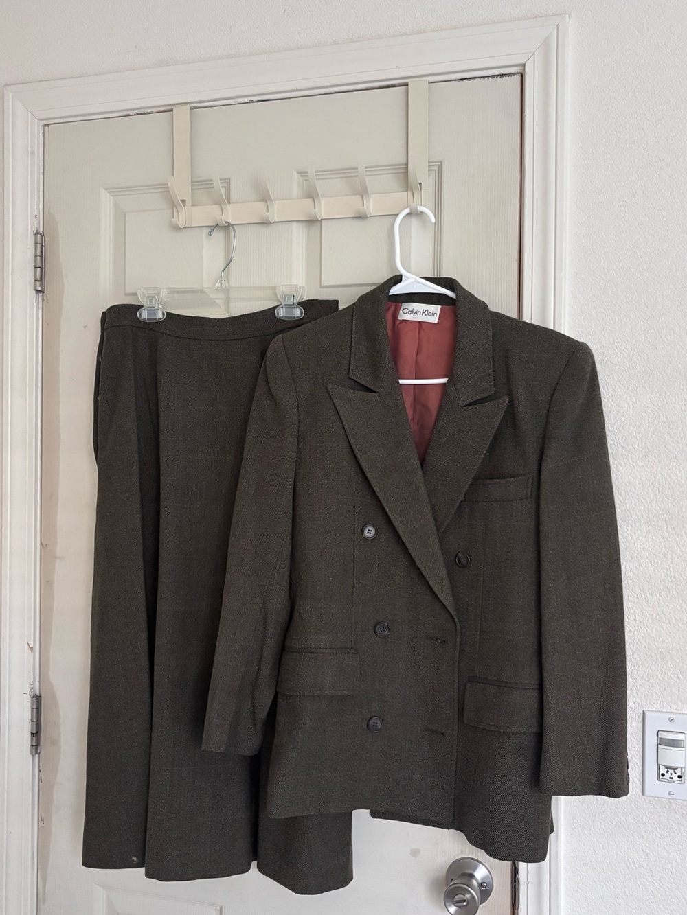 Calvin Klein Olive Green Double-Breasted Blazer and Skirt Set